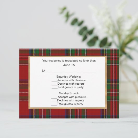 王室のスチュワートタータンチェックプ結婚ライドのRSVP数々のカード 出欠カード (スタンド正面)