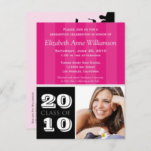 王室のストライプ卒業発表（ピンク） インビテーションポストカード (正面/裏面)