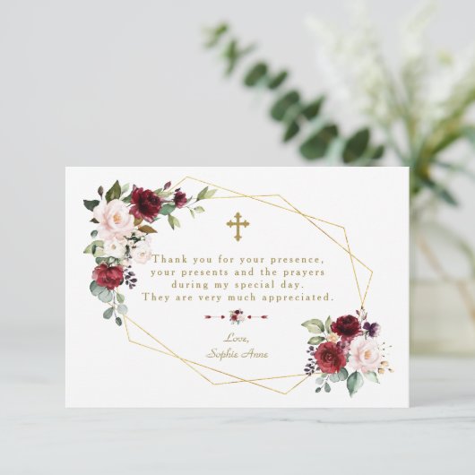 王室のバーガンディ花金ゴールド枠クロスバプテスマ サンキューカード (スタンド正面)