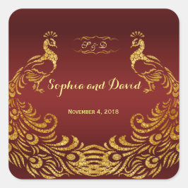 王室のバーグンディ金ゴールド結婚孔雀 スクエアシール