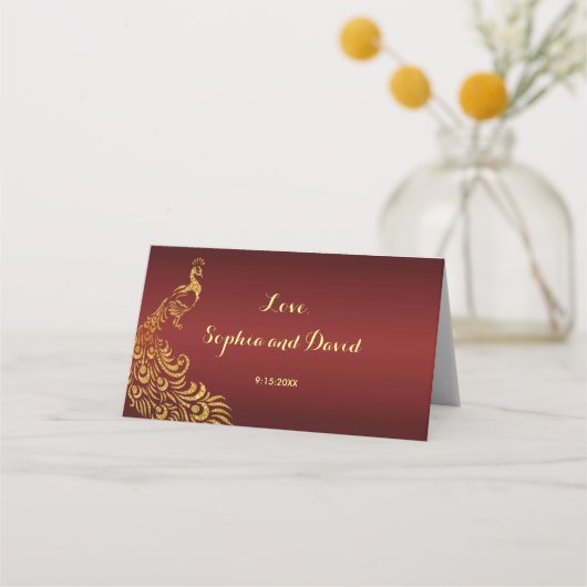 王室のバーグンディ金ゴールド結婚孔雀 プレイスカード (裏面)