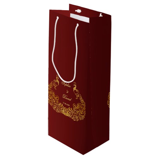 王室のバーグンディ金ゴールド結婚孔雀 ワインギフトバッグ (正面アングル)