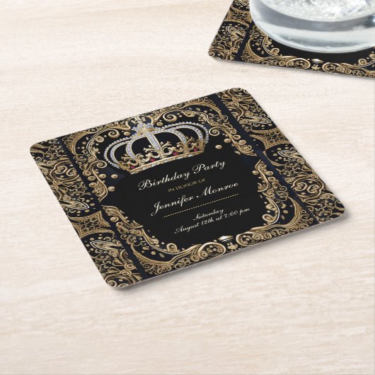 王室のバースデーパーティークラウン華美招待状 スクエアペーパーコースター (アングル)