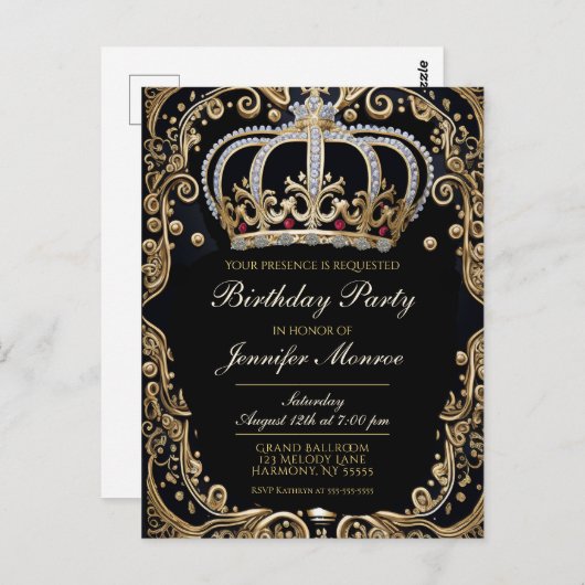王室のバースデーパーティークラウン華美招待状 ポストカード (正面/裏面)