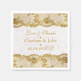 王室のパーソナライズされたゴールデン結婚ホワイトレース スタンダードカクテルナプキン