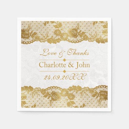 王室のパーソナライズされたゴールデン結婚ホワイトレース スタンダードカクテルナプキン (正面)