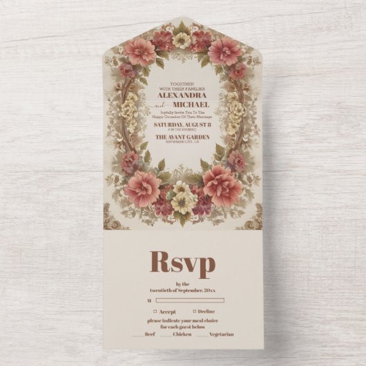 王室のビクトリアンフローラ結婚オーナメント オールインワン招待状 (内側)