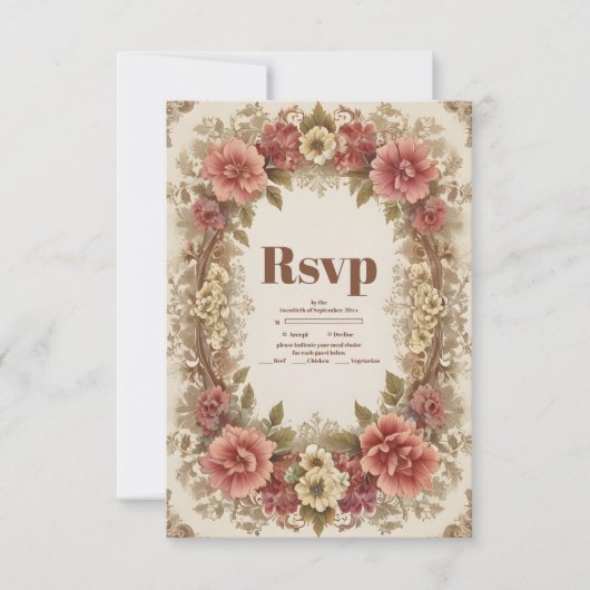 王室のビクトリアンフローラ結婚オーナメント 出欠カード (正面)