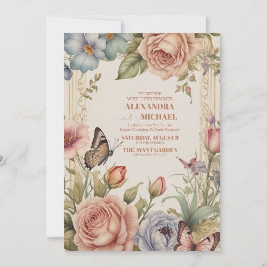 王室のビクトリアン結婚フローラオーナメント 招待状 (正面)