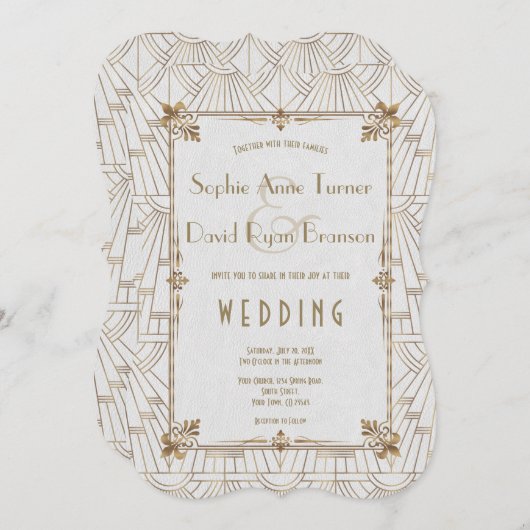 王室のフルーアデリスアールデコ金ゴールドホワイト20結婚s 招待状 (正面/裏面)