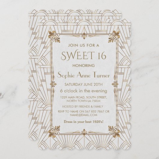 王室のフルーアデリスアールデコ金ゴールドホワイトSWEET 16 招待状 (正面/裏面)