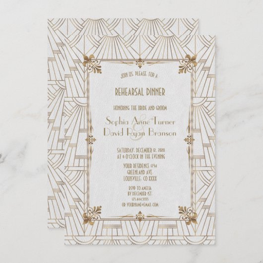 王室のフルーアデリスアールデコ金ゴールドリハーサルディナー 招待状 (正面/裏面)