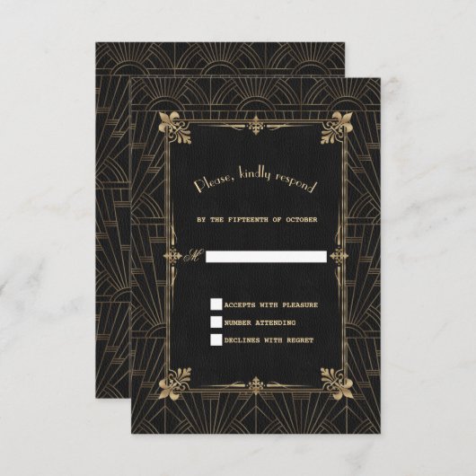 王室のフルーアデリスアールデコ1920sウェディングRSVP 出欠カード (正面/裏面)