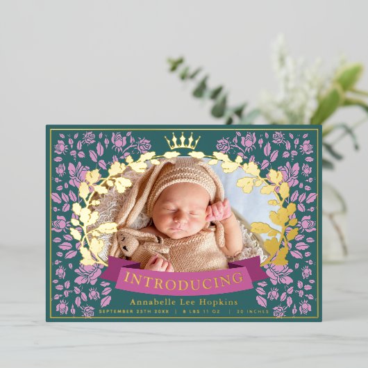 王室のフローラ誕生写真の発表 箔招待状 (立ち正面)