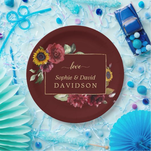 王室のブルゴーニュひまわり結婚金ゴールド ペーパープレート (パーティー)