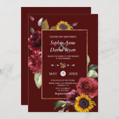 王室のブルゴーニュひまわり結婚金ゴールド 招待状 (正面/裏面)