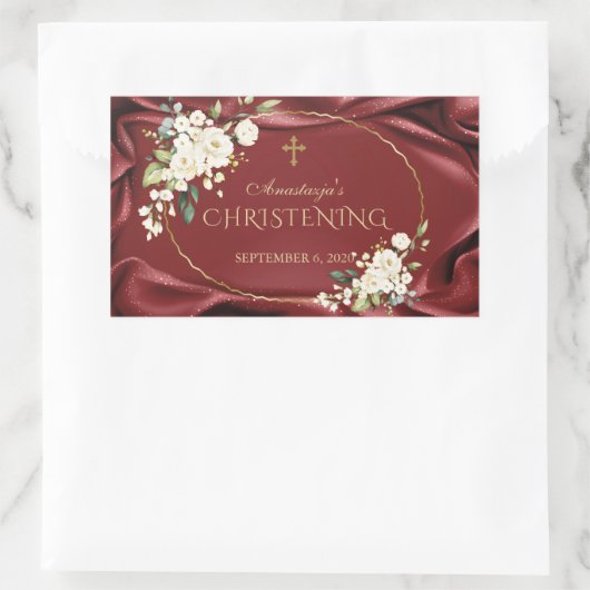 王室のブルゴーニュ白い花金ゴールド《キリスト教》洗礼式や命名式 長方形シール (バッグ)