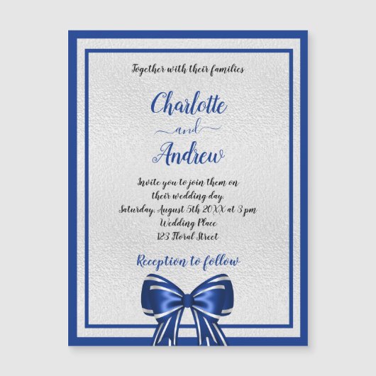王室のブルーエレガントシルバ結婚ウ マグネット招待状 (正面)