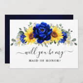 王室のブルーサンフラワー私のメイド・オブ・オーナー(花嫁付き添い人) 招待状 (正面/裏面)