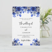 王室のブルー白花模様ラグジュアリー結婚ズ 招待状 (スタンド正面)
