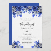 王室のブルー白花模様ラグジュアリー結婚ズ 招待状 (正面/裏面)