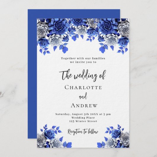 王室のブルー白花模様ラグジュアリー結婚ズ 招待状 (正面/裏面)