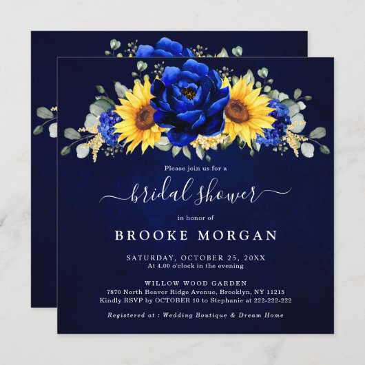 王室のブルー素朴ひまわりモダンブライダルシャワーI 招待状 (正面/裏面)