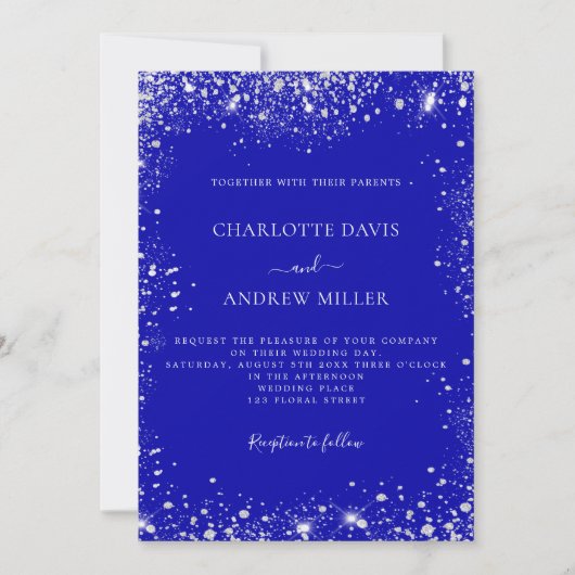 王室のブルー銀グリッターエレガントラグジュアリー結婚ズ 招待状 (正面)