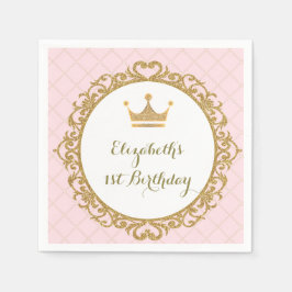 王室のプリンセスピンク金ゴールド誕生日紙ナプキン スタンダードカクテルナプキン