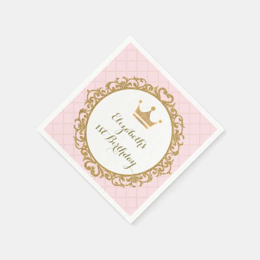 王室のプリンセスピンク金ゴールド誕生日紙ナプキン スタンダードカクテルナプキン (角)