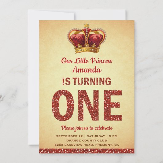 王室のプリンセスレッドグリッターファーストバースデーパーティー 招待状 (正面)