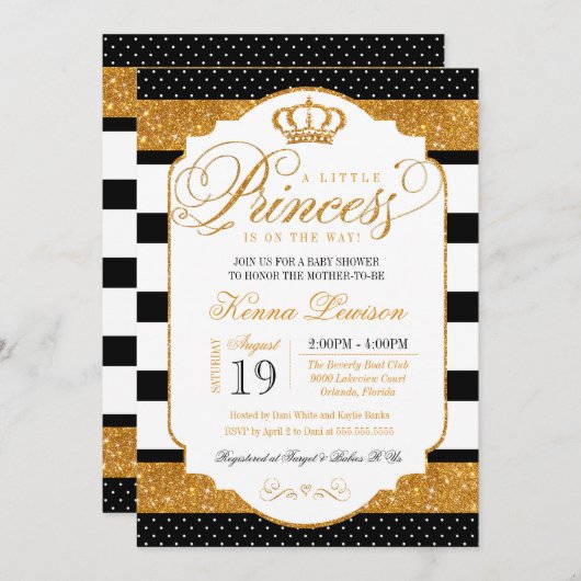王室のプリンセス白黒ストライプ金ゴールドベビーシャワー 招待状 (正面/裏面)
