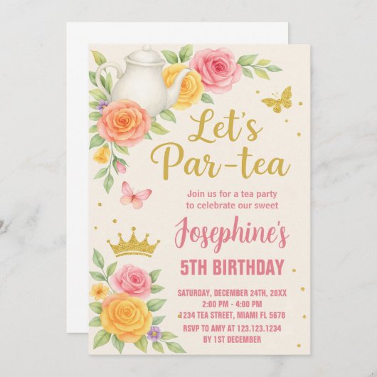 王室のプリンセス茶パーティー誕生日招待状 招待状 (正面/裏面)