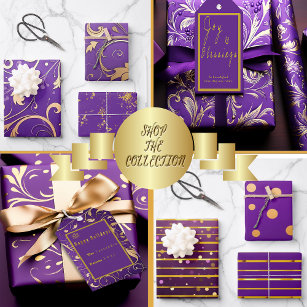 王室の深い紫と金ゴールドストライプの ラッピングペーパーシート