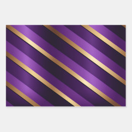 王室の深い紫と金ゴールドストライプの ラッピングペーパーシート