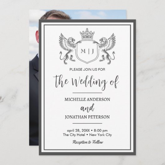 王室の王冠エンブレムライオンズモノグラム結婚写真 セーブザデート (正面/裏面)