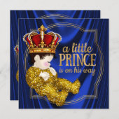 王室の王子赤ちゃんシャワーブルー金ゴールド 招待状 (正面/裏面)
