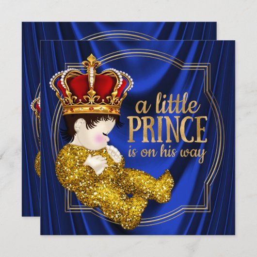 王室の王子赤ちゃんシャワーブルー金ゴールド 招待状 (正面/裏面)