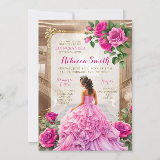 王室の社交ダンスピンク暗い赤紫色フローラキンセアニラ 招待状 (正面)