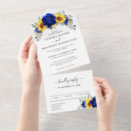 王室の素朴青ひまモダンフローラ結婚ズ オールインワン招待状