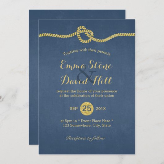 王室の結び目の青と金ゴールド結婚の結び 招待状 (正面/裏面)
