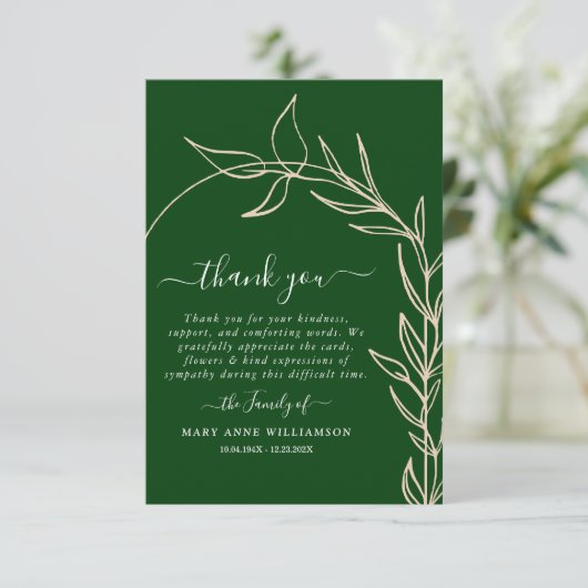 王室の緑のミニマルアーチ文字台詞葬儀感謝してい サンキューカード (スタンド正面)