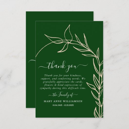 王室の緑のミニマルアーチ文字台詞葬儀感謝してい サンキューカード (正面/裏面)