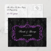 王室の華やかな黒と紫のダマスクrsvp インビテーションポストカード (正面/裏面)