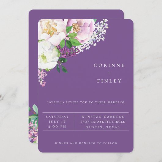 王室の薄紫ガーデンフローラ結婚式招待状 案内状 (正面/裏面)