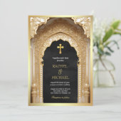 王室の金ゴールドアーチ宗教クリスチャン結婚ブラック 招待状 (スタンド正面)