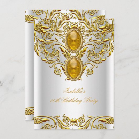 王室の金ゴールドオン白エリテエレガントィー誕生日パーティー 招待状 (正面/裏面)