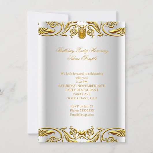 王室の金ゴールドオン白エリテエレガントィー誕生日パーティー 招待状 (裏面)