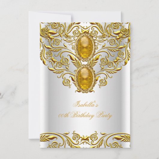 王室の金ゴールドオン白エリテエレガントィー誕生日パーティー 招待状 (正面)