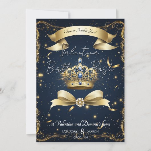 王室の金ゴールドクラウン誕生日 | 高級お祝い 招待状 (正面)